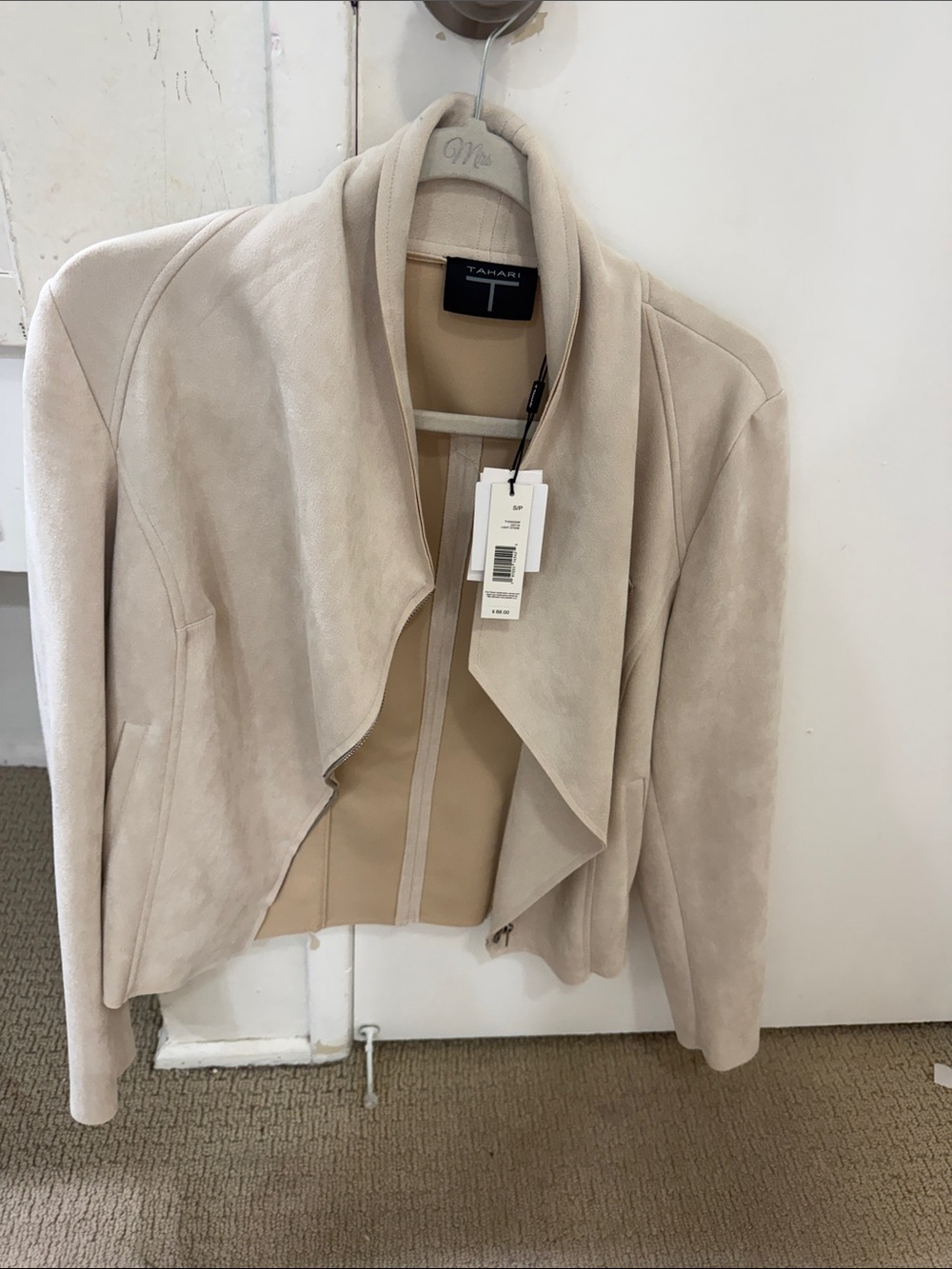 Tahari Light Beige Draped Open-Front Suede Blazer
